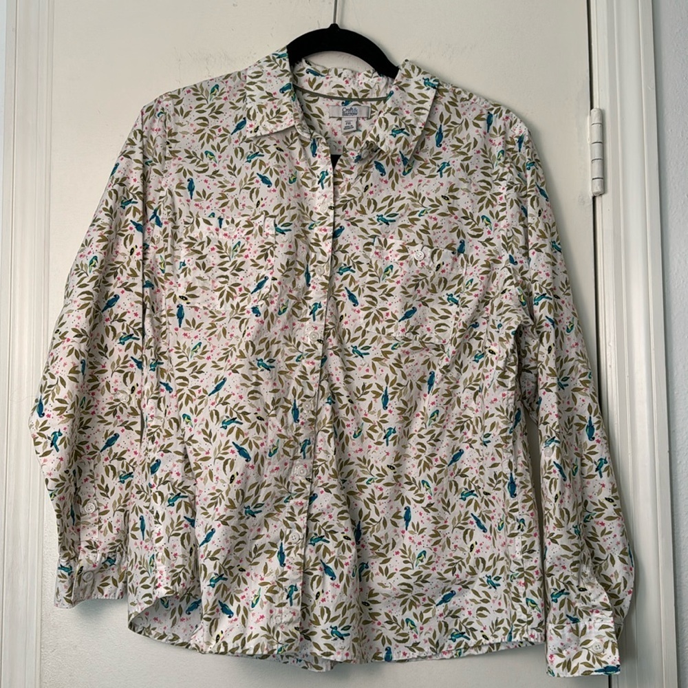 Croft & Barrow Tropical Jungle Parrot Button Up Cotton Blouse Size XL Petitie